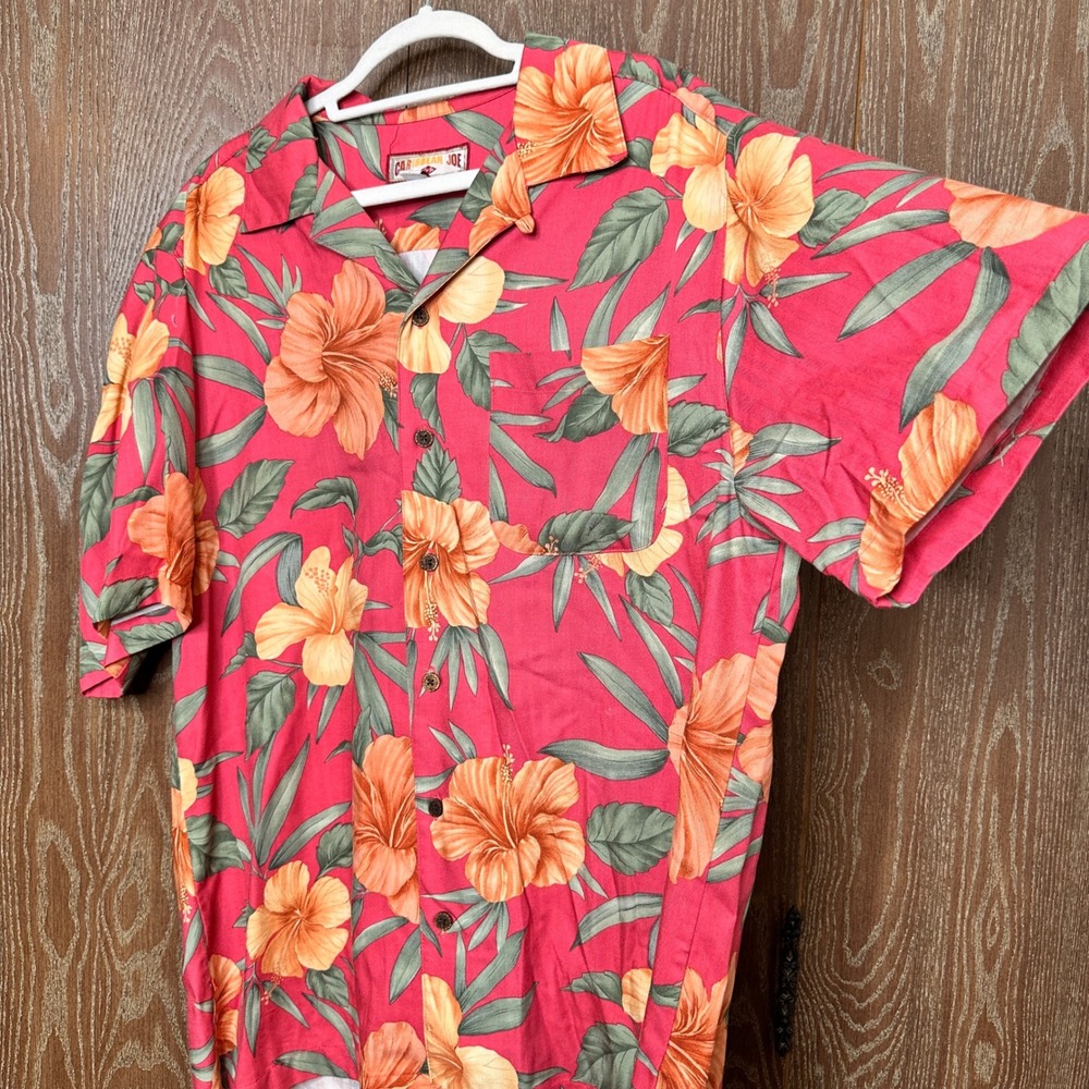 Caribbean Joe Mens Large Pink Floral Hibiscus Rayon Short Sleeve Camp Shirt 0977 - Picture 7 of 9